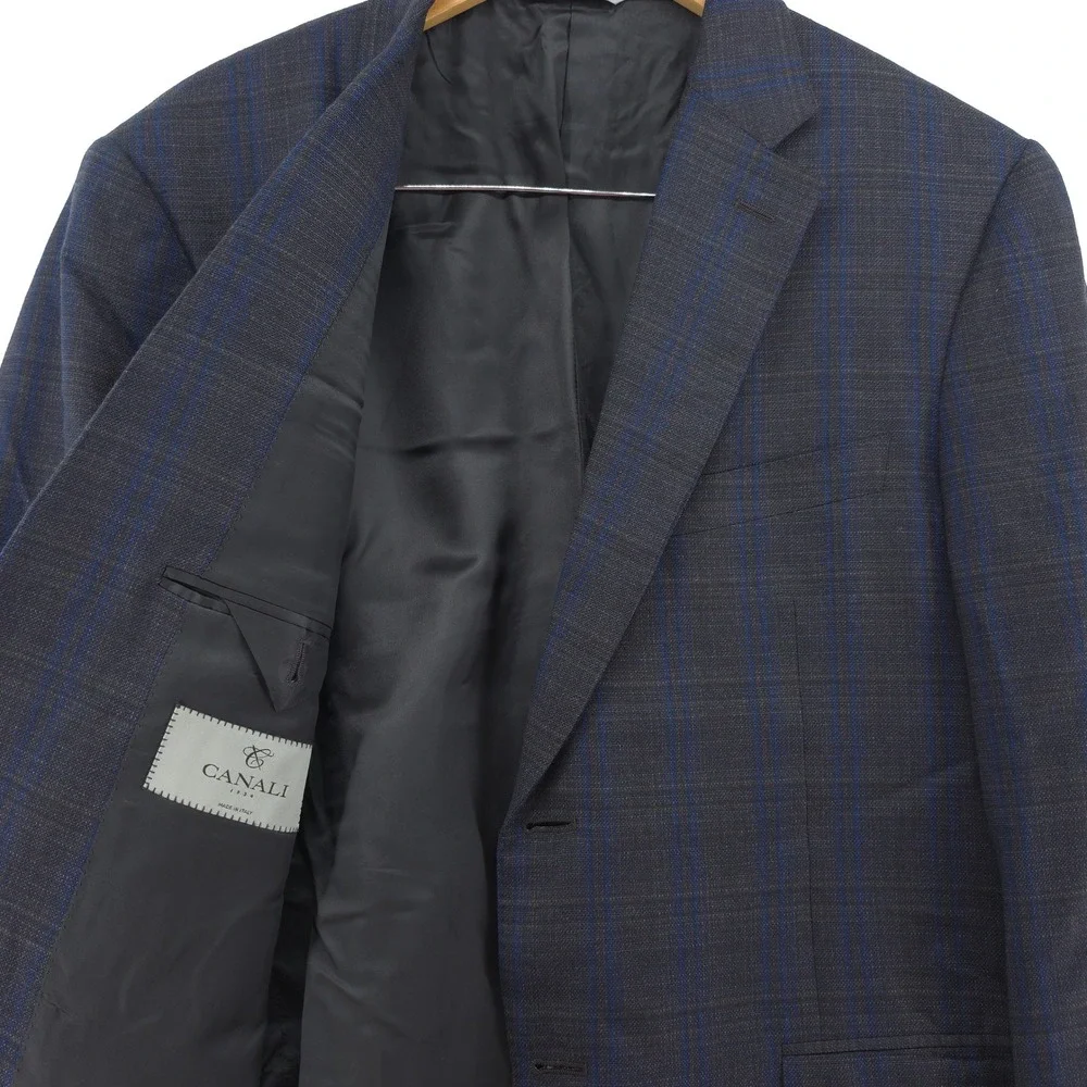 Canali 1934 Mens Wool Sport Coat Blazer 44R IT54 Charcoal Blue Windowpane Italy